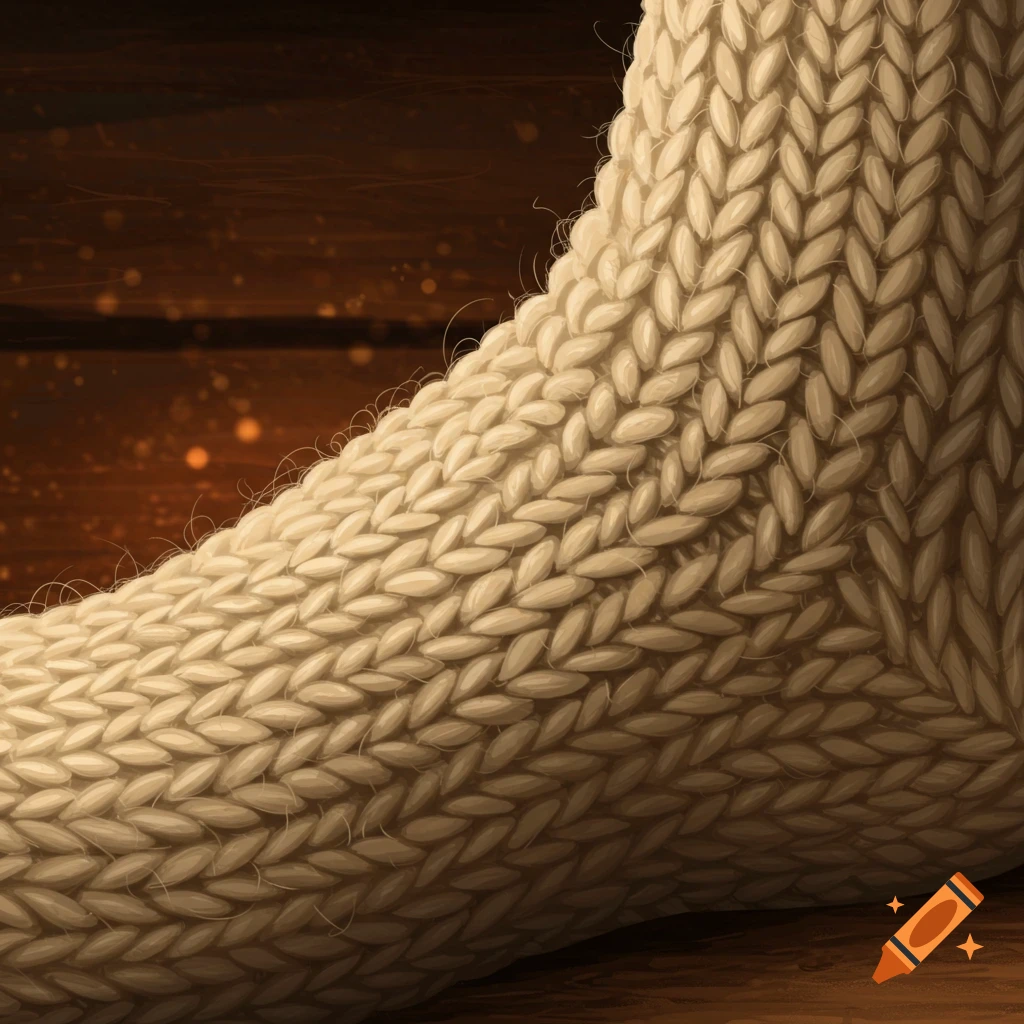 Close-up of beige knitted fabric with a visible texture against a dark, blurry background.