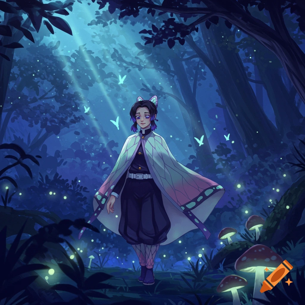 An anime character, Shinobu Kocho, stands in a mystical dark forest with glowing mushrooms, fireflies, and butterflies.