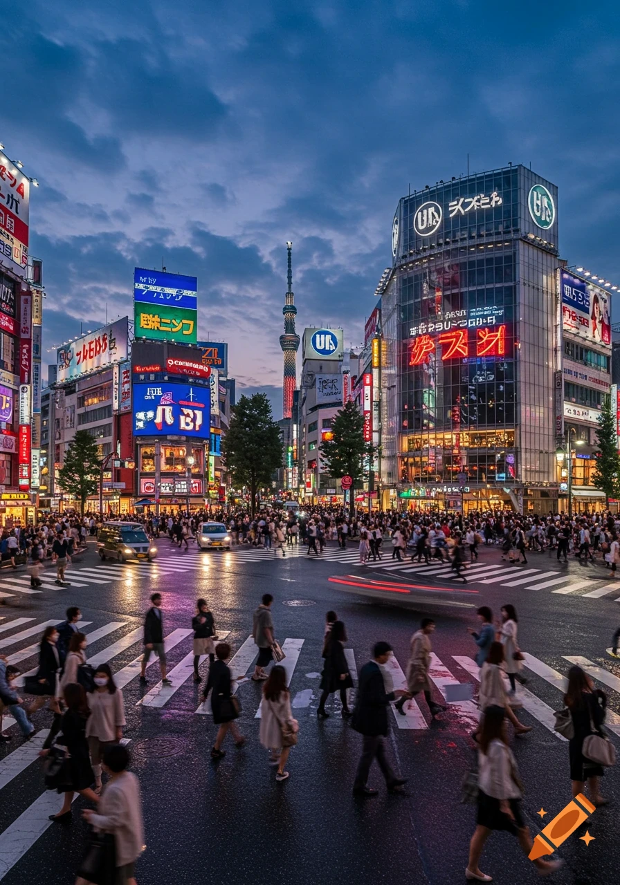 A bustling street crossing in a Japanese city at dusk, with numerous pedestrians, cars, and illuminated buildings under a cloudy sky.