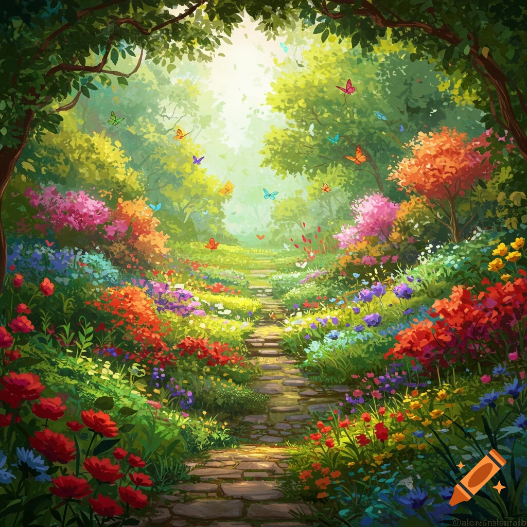 A vibrant, colorful path winding through a lush garden filled with an abundance of flowers and butterflies, in an illustrative style.