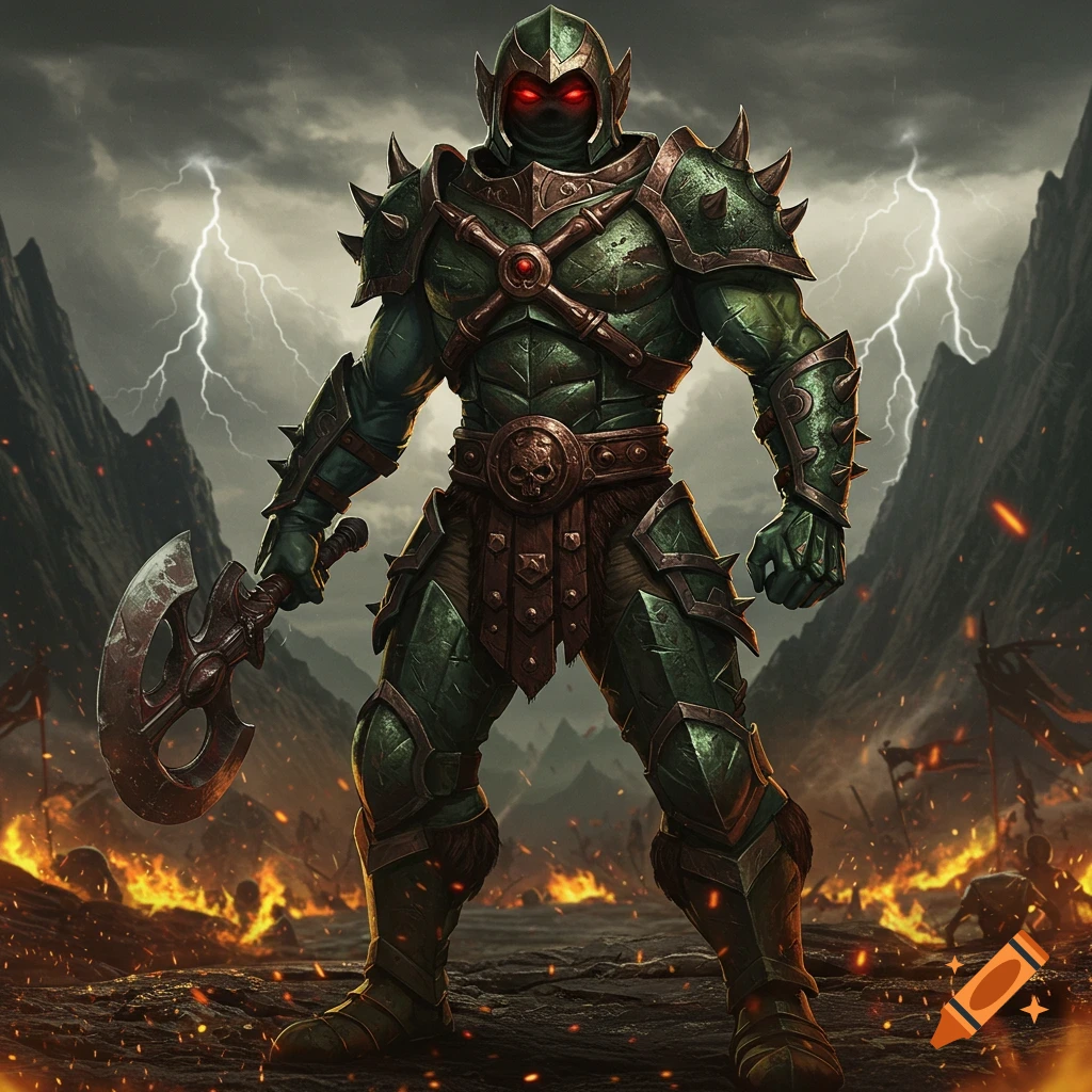 An armored orc warrior with glowing red eyes stands on a fiery battlefield, holding an axe, under a stormy, lightning-filled sky.