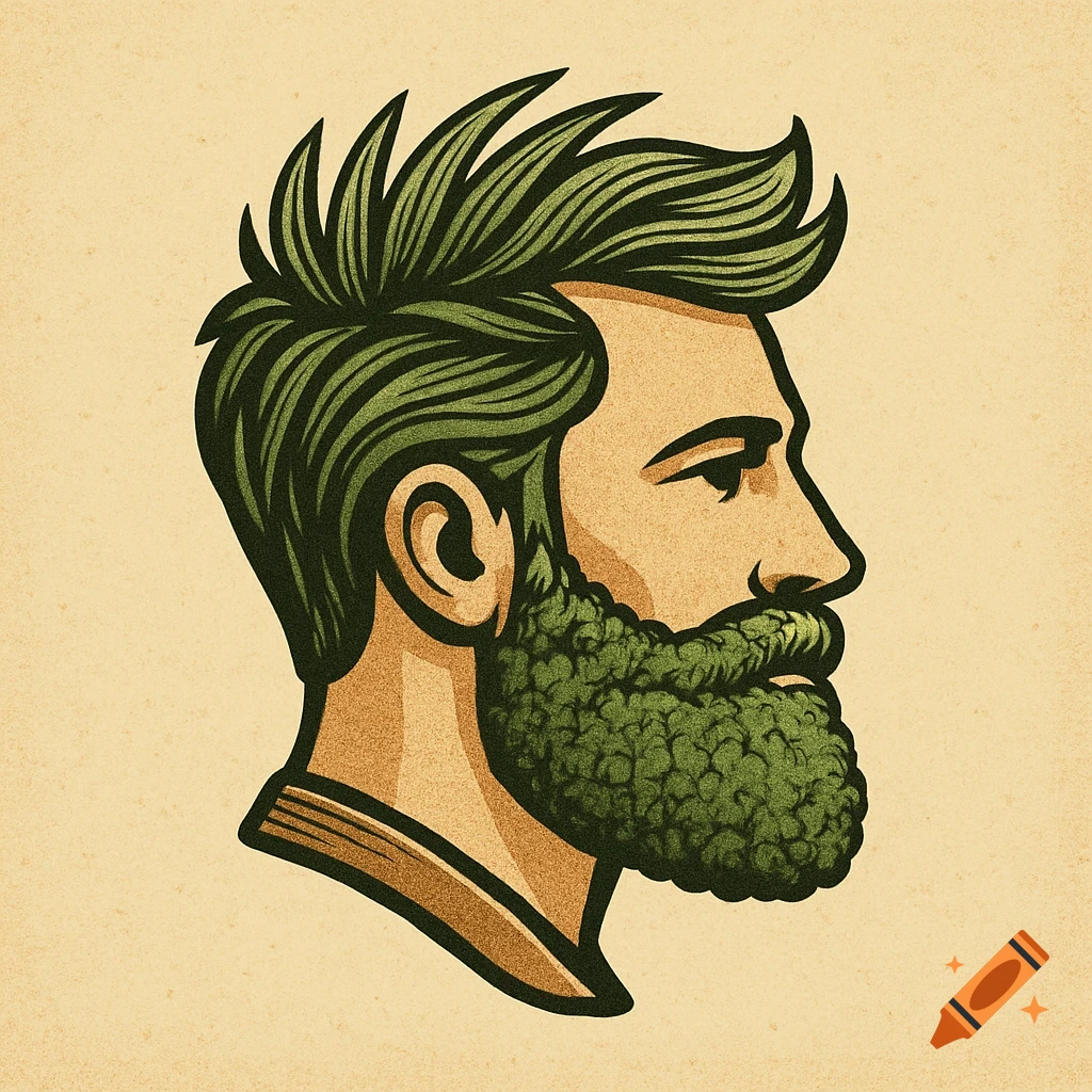 Retro logo illustration of a man's head in profile with green, grass-like hair and a hedge-like green beard.