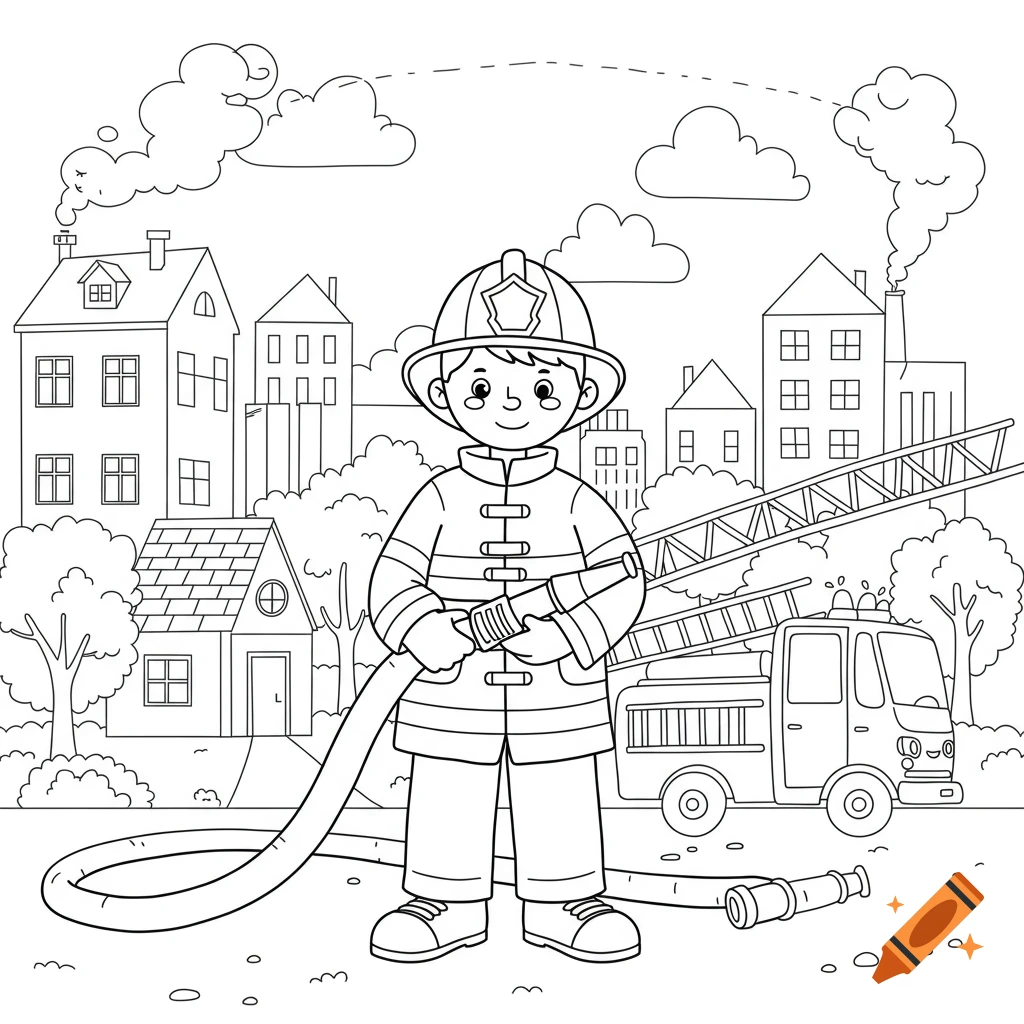 Line art of a young firefighter holding a hose in a city with buildings and a fire truck, ready for coloring.