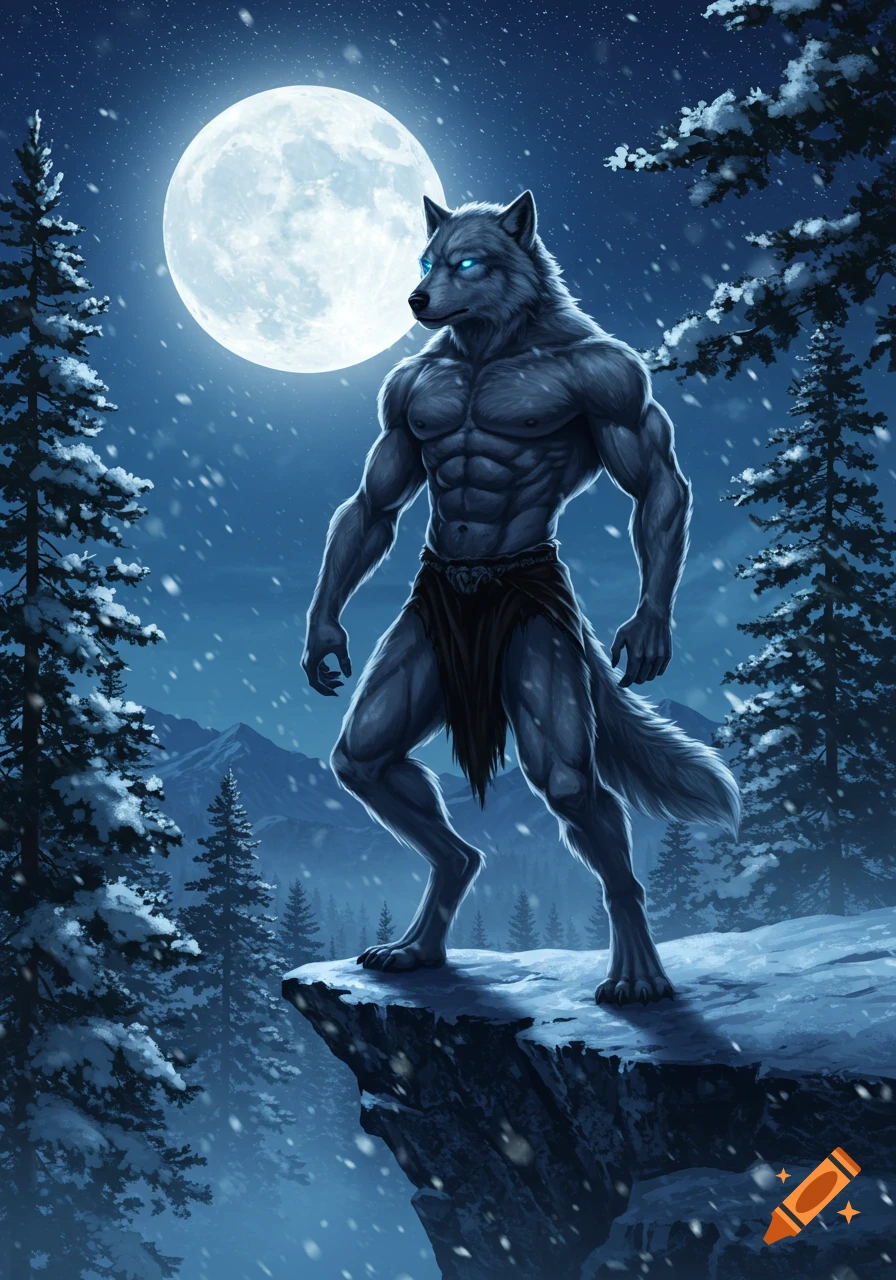 Muscular wolf man with glowing blue eyes stands on a snowy cliff in a winter forest under a full moon, digital art.