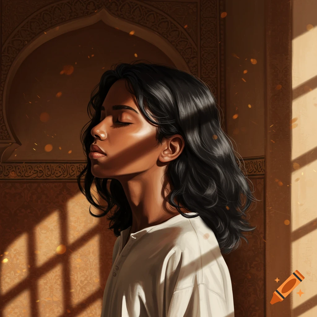 Digital art of a young woman with dark hair and eyes closed, bathed in warm sunlight through a window with geometric shadows, against an ornate Arabic-style wall.