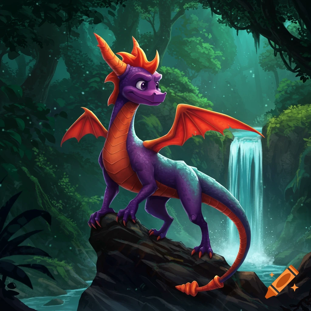 A vibrant purple and orange cartoon dragon stands on a rock in a lush green jungle with a waterfall.