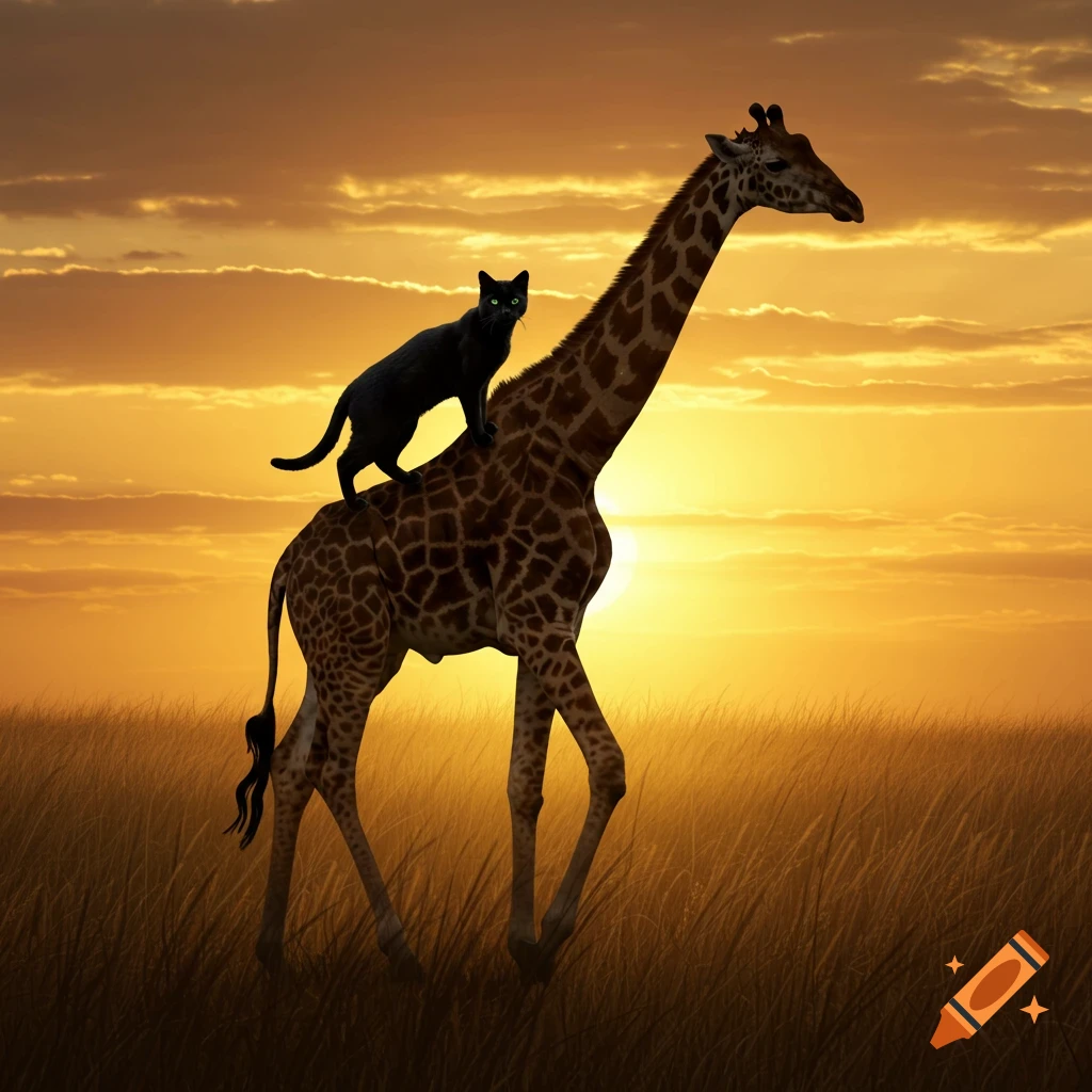 Photorealistic image of a black cat standing on the back of a giraffe, walking through savanna grass at sunset.