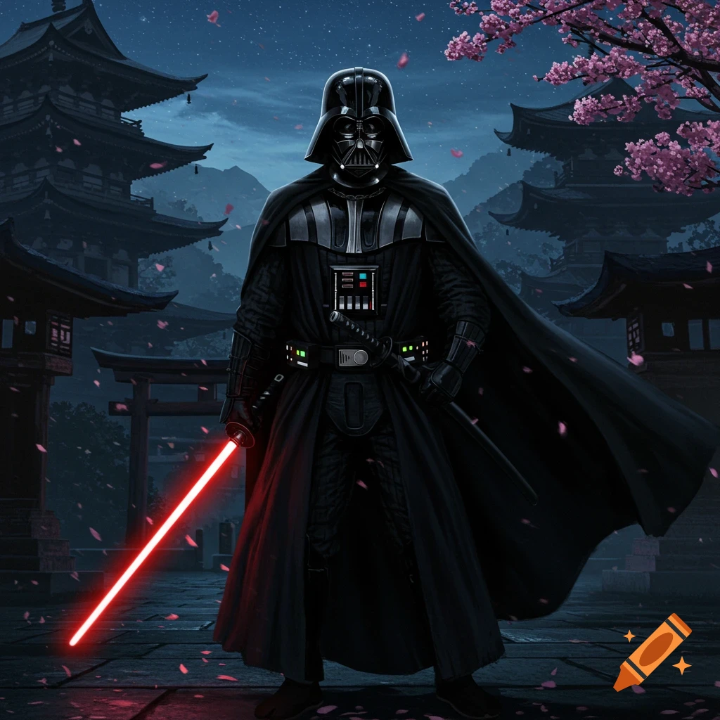 Darth Vader, in black armor and cape, holds a red lightsaber and a katana, standing before Japanese pagodas and cherry blossoms at night. Concept art.