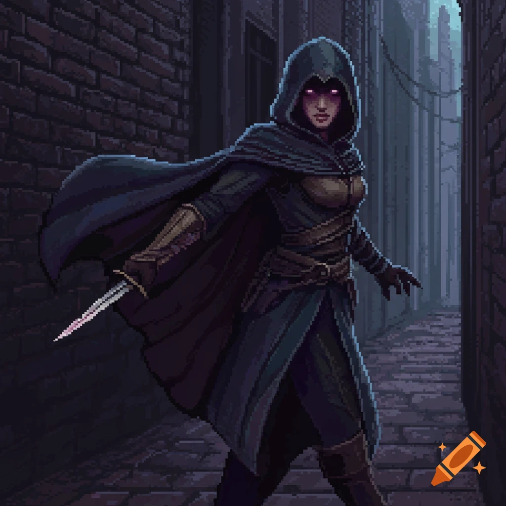 Pixel art of a cloaked female assassin with glowing purple eyes, holding a dagger in a dark alley.