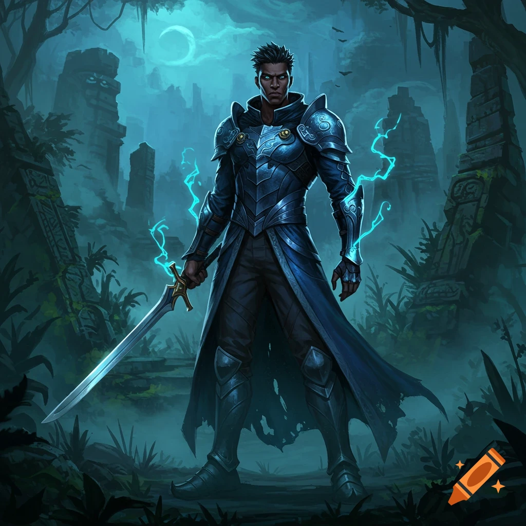 Dark-skinned warrior in blue armor, glowing eyes, holding an electrified sword in misty jungle ruins under a crescent moon.
