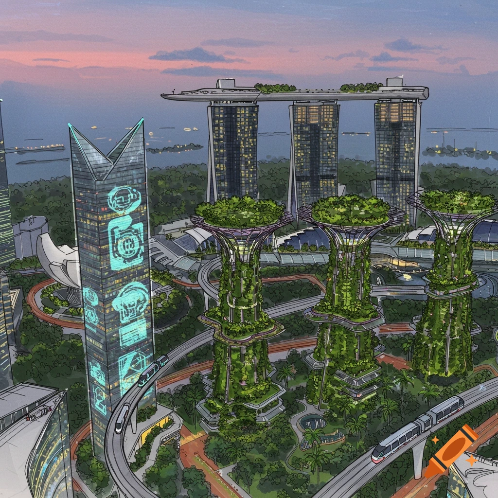 A detailed sketch of a futuristic Singapore city, with green supertree-like structures, modern skyscrapers, and elevated trains.
