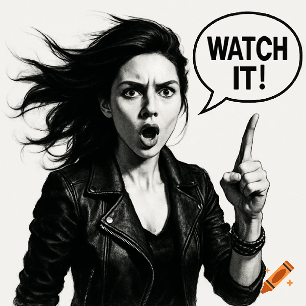 Monochrome graphic of a woman with wind-blown hair, leather jacket, pointing, with a speech bubble saying 'WATCH IT!'