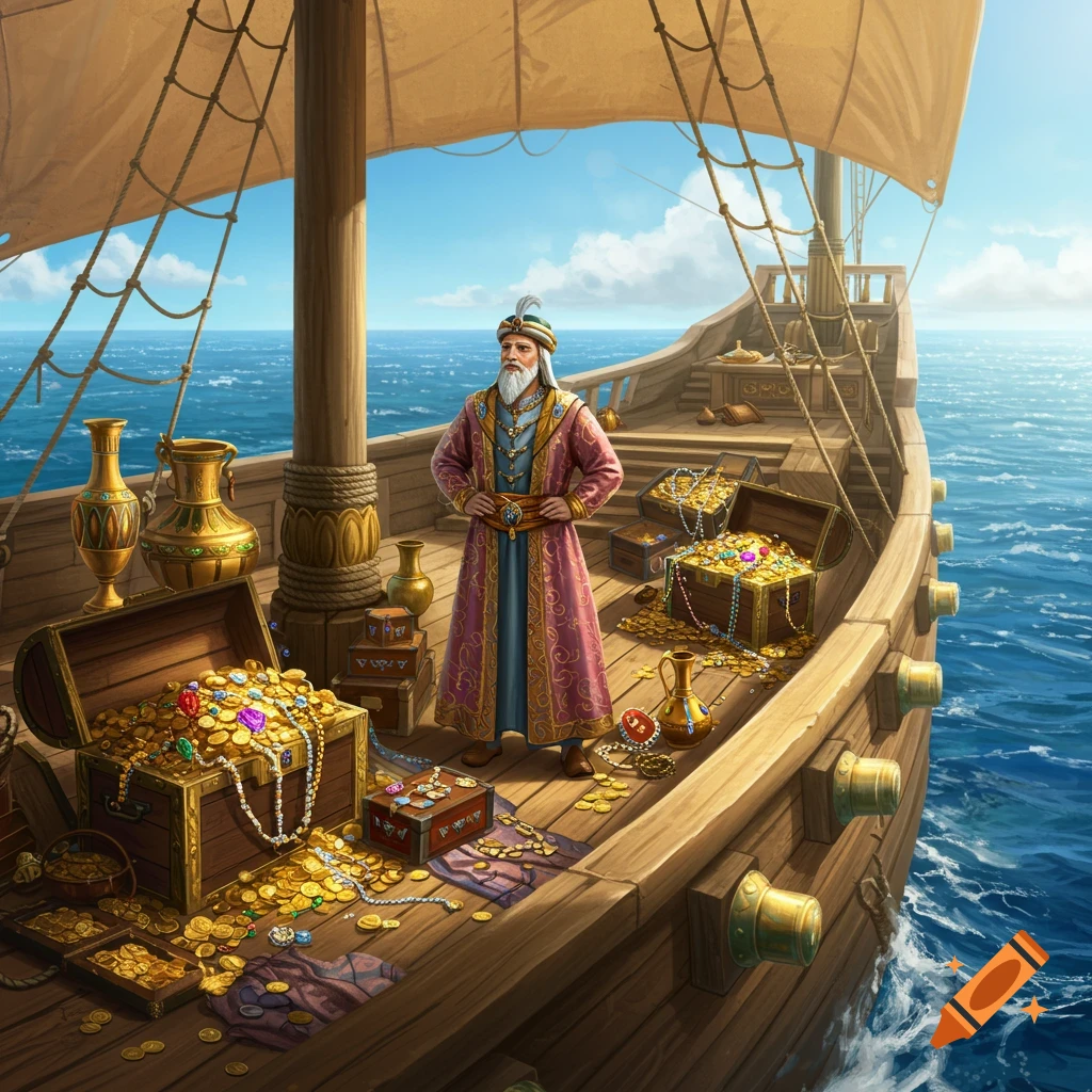 A richly dressed trader stands on a wooden ship deck filled with open chests overflowing with gold coins, jewelry, and ancient artifacts, under a blue sky.