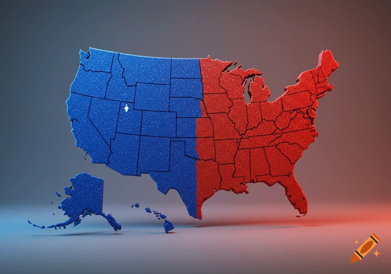 A 3D relief map of the United States divided down the center, with the western half blue and the eastern half red.