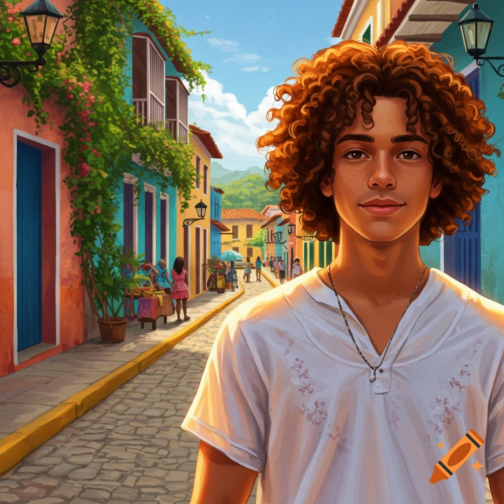 A digital painting of a young man with curly brown hair smiling in a vibrant, colorful street scene.