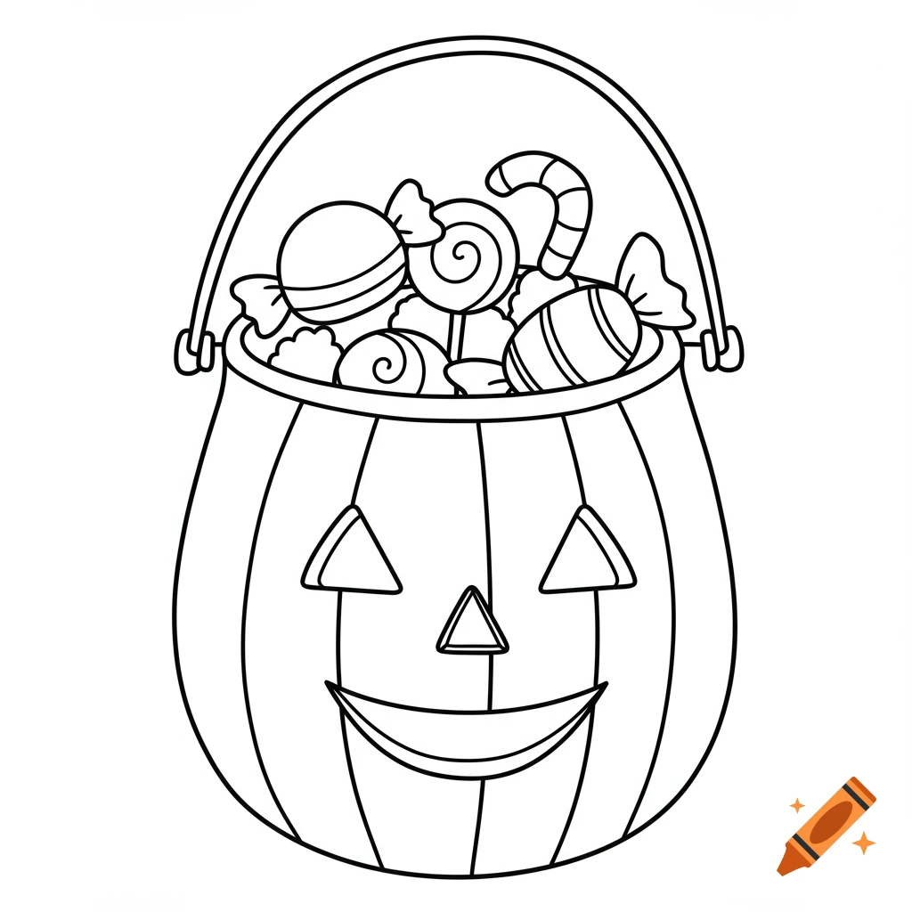 Line art of a jack-o'-lantern candy bucket filled with lollipops and wrapped candies.