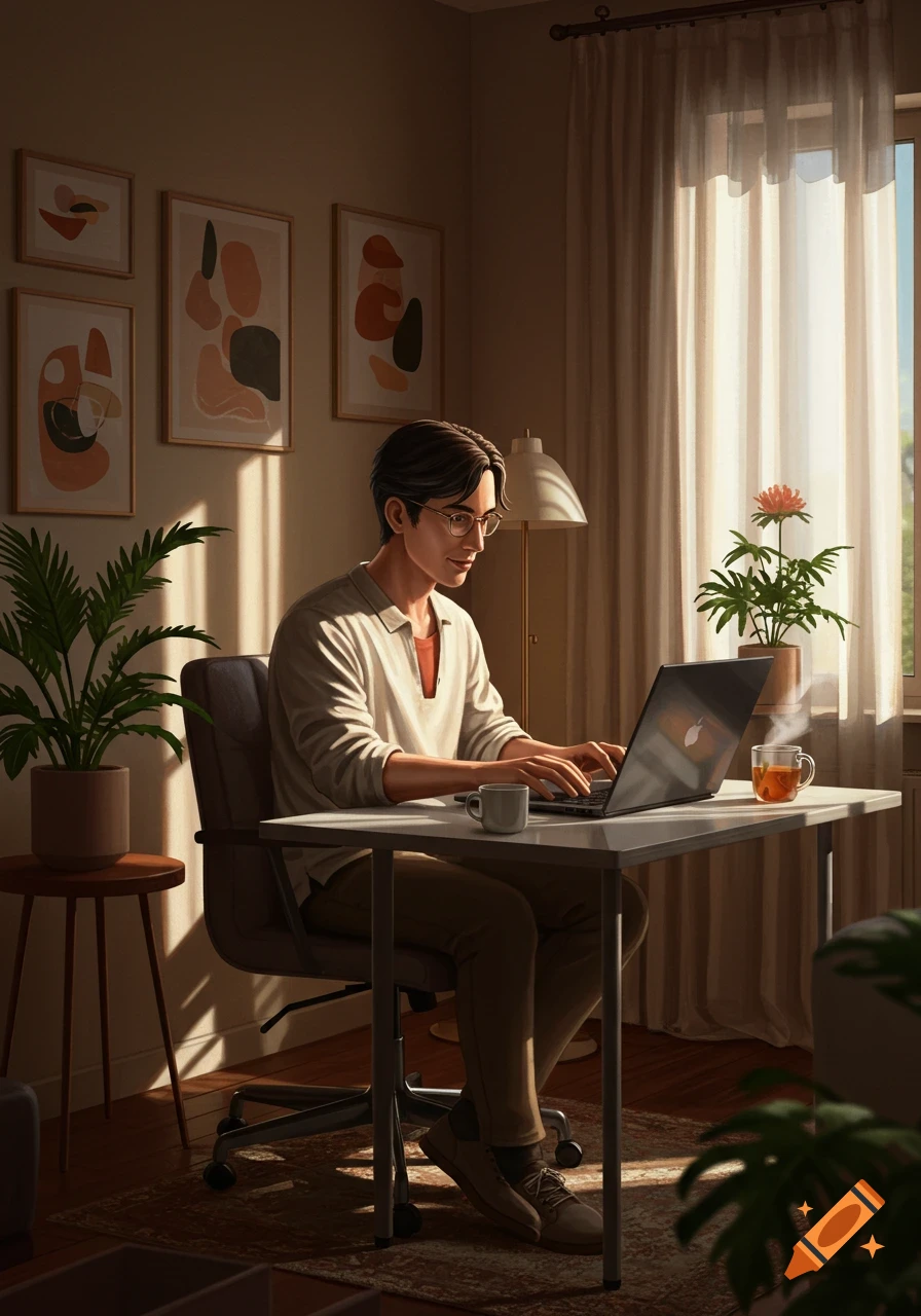 A man with glasses works on a laptop at a desk in a sunlit home office with plants and abstract art.