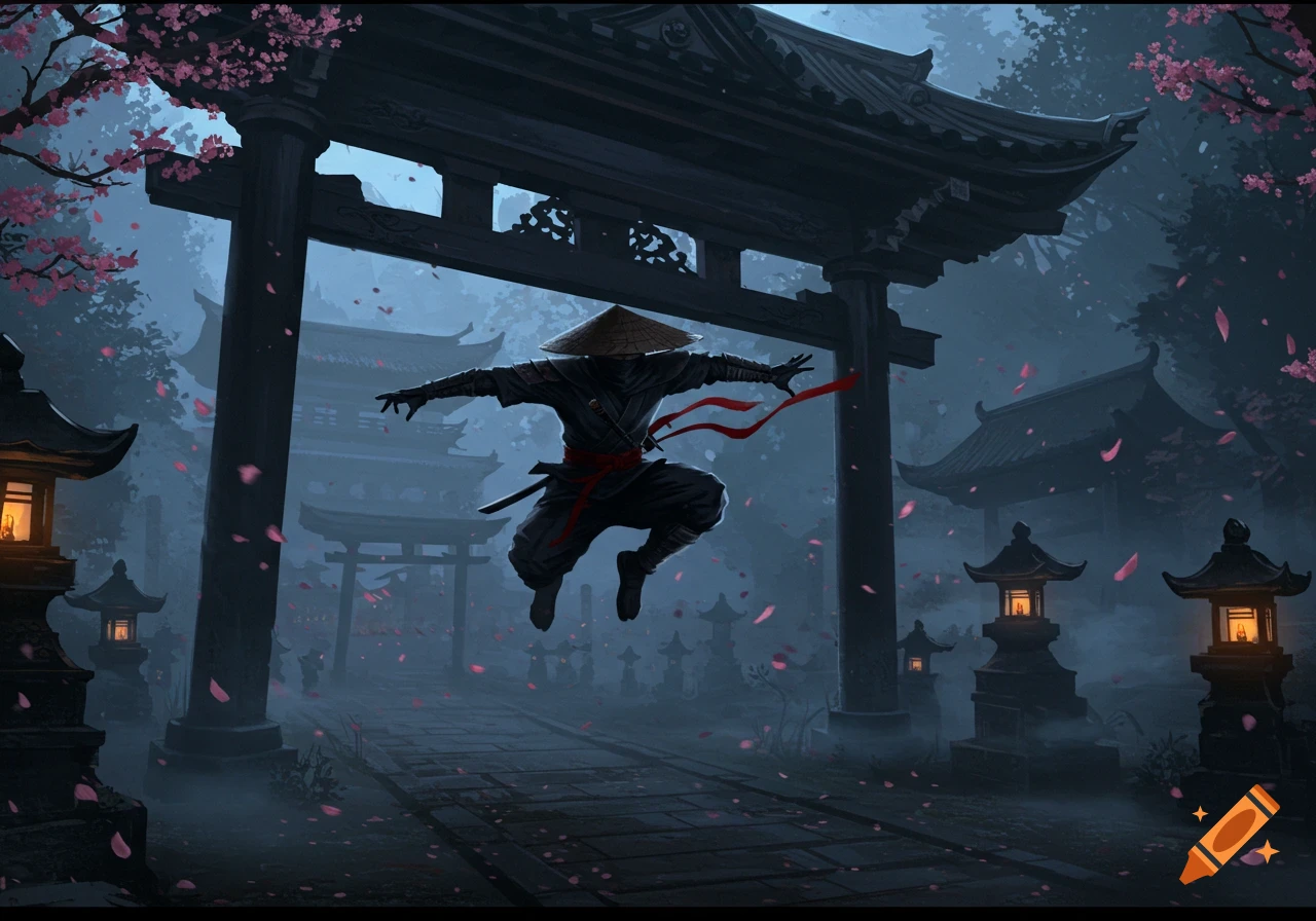 A ninja in a conical hat leaps through a dark, foggy Japanese garden with cherry blossoms, torii gates, and lanterns.