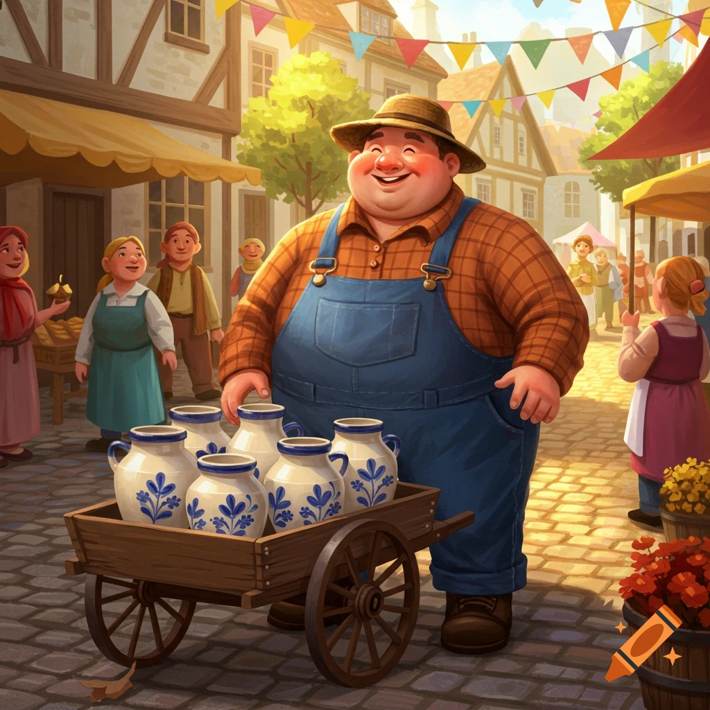 A happy, plump man in overalls sells decorative ceramic jugs from a wooden cart at a vibrant village market. Illustrated style.