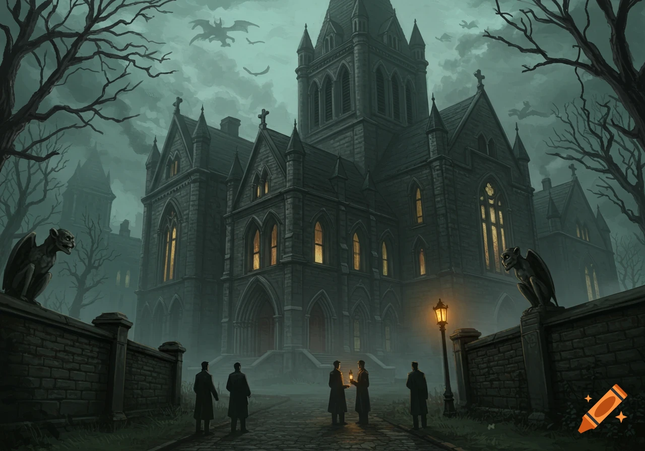 An eerie illustration of a dark gothic building at night, with figures carrying lanterns, gargoyles, bare trees, and flying creatures in a cloudy sky.