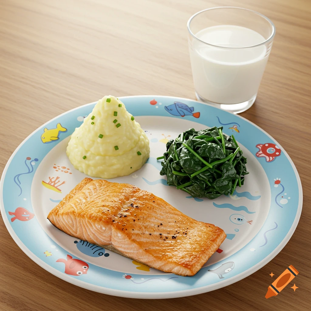 A photorealistic image of baked salmon, mashed potatoes, and spinach on a kids' plate with a glass of milk on a wooden table.