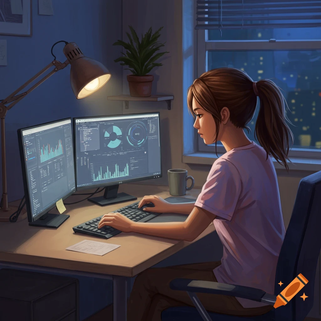 A Filipino girl with a ponytail works intently on two computer monitors displaying data, at a desk in a dimly lit room.