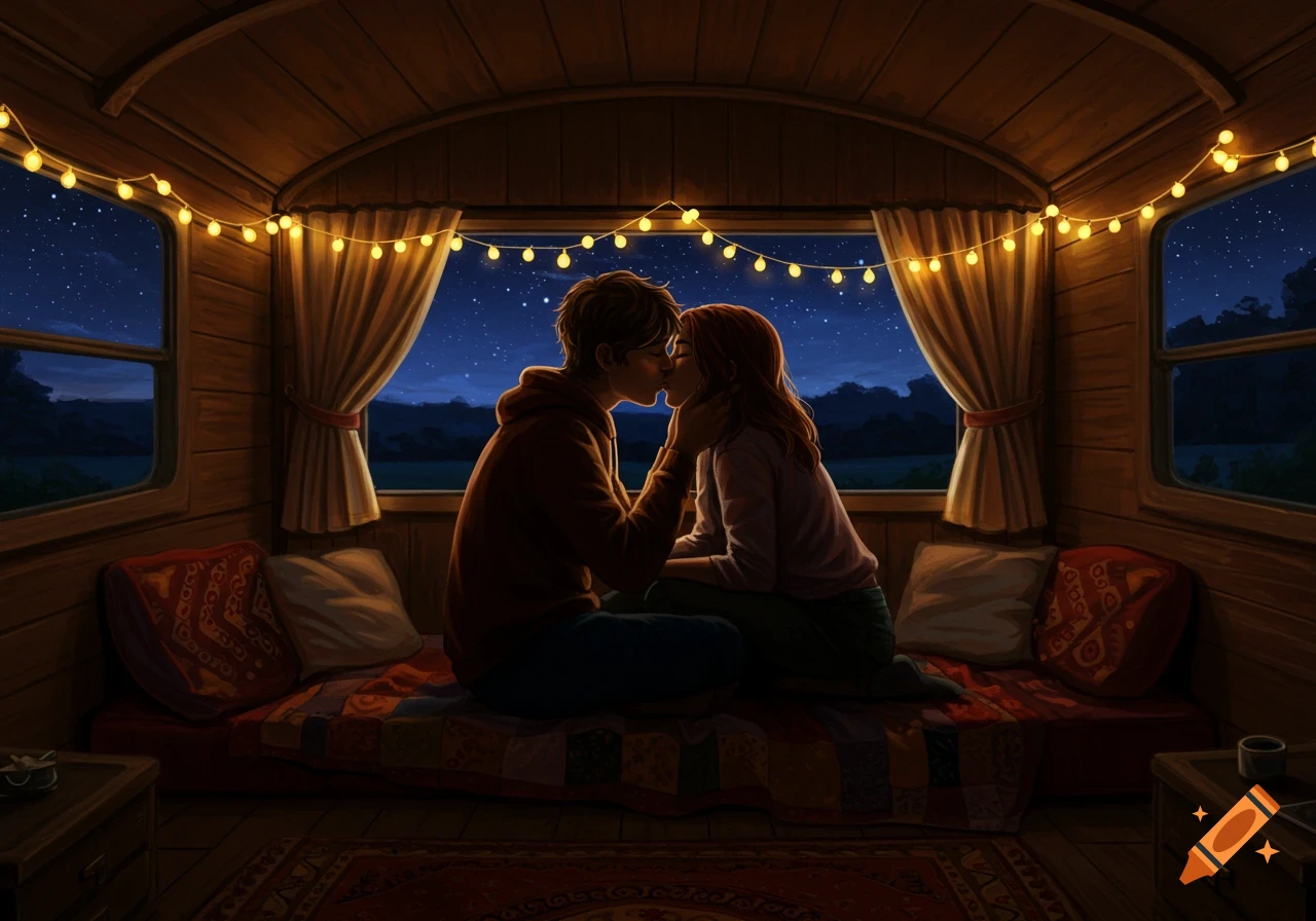 Illustrated image of a couple kissing in a cozy, string-lit wooden camping wagon at night, with a starry sky outside.