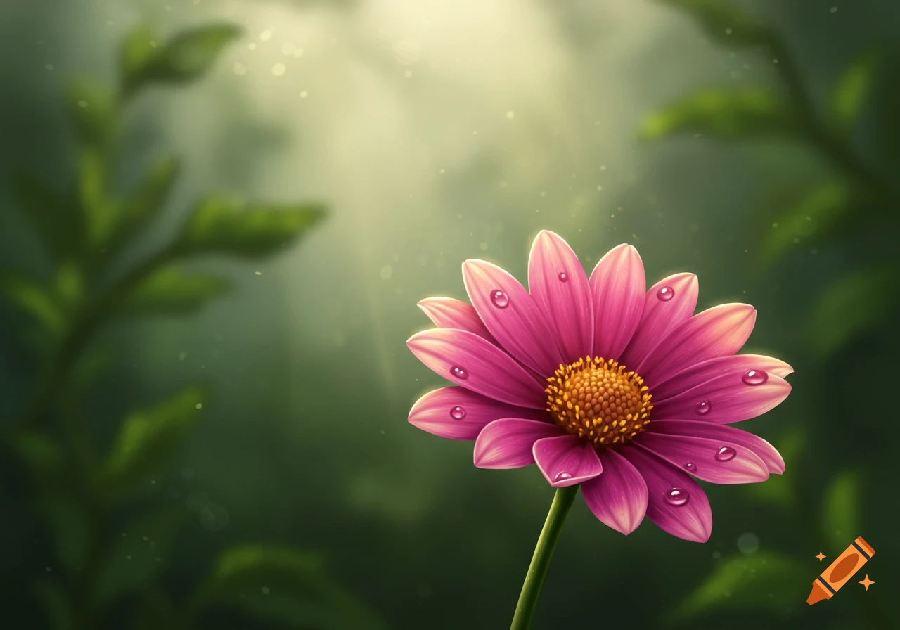 Vibrant pink flower with dew drops, bathed in sunlight against a soft green background.