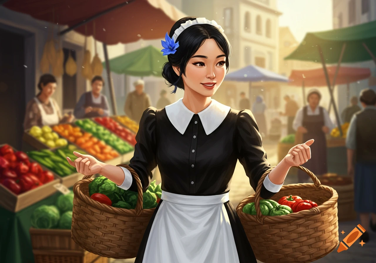 Smiling Asian maid in a black dress with a flower in her hair, carrying full produce baskets at a bustling outdoor market.