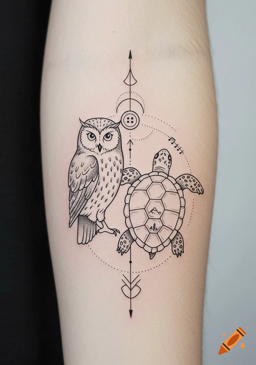 Minimalist black and grey line art tattoo on an arm featuring an owl, a turtle, and geometric symbols with a mountain, trees, and music notes.
