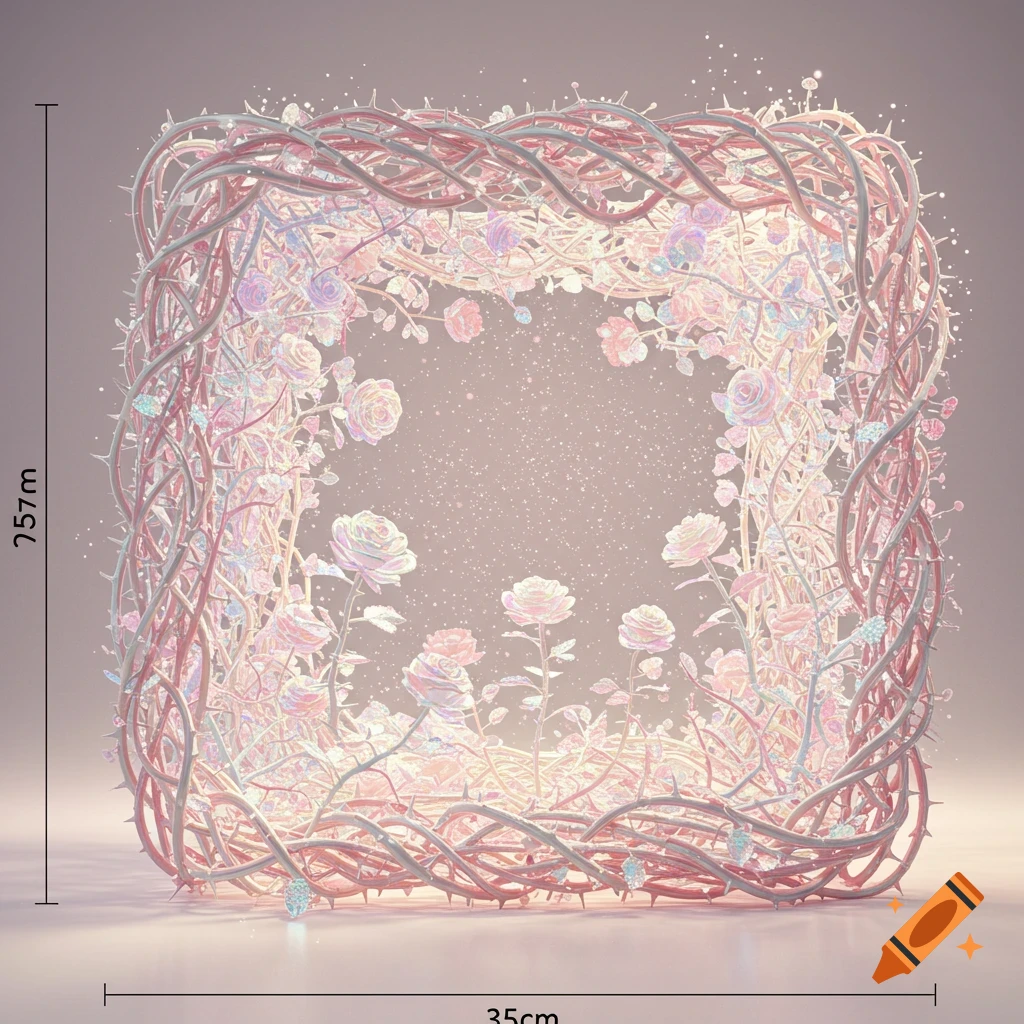 A square frame of intertwined thorny rose stems, iridescent pastel pink and white, with sparkling fairy dust and soft glowing roses against a light background.