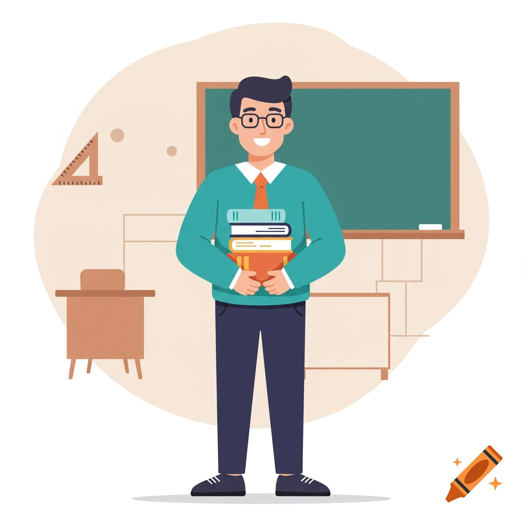 A smiling male teacher with glasses holds a stack of books in a cartoon classroom with a chalkboard and desk.