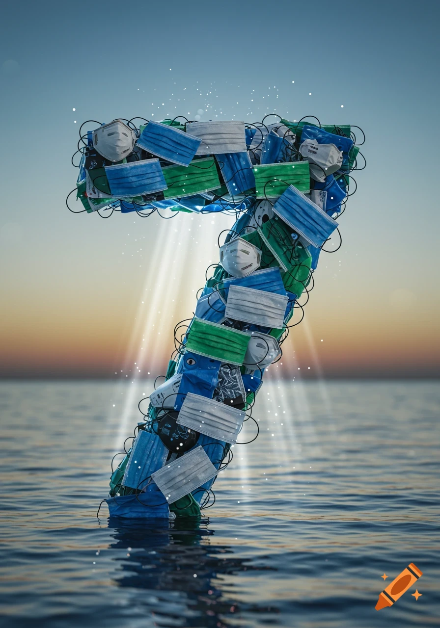 A number seven made from blue, green, and white face masks emerges from the ocean at sunset.