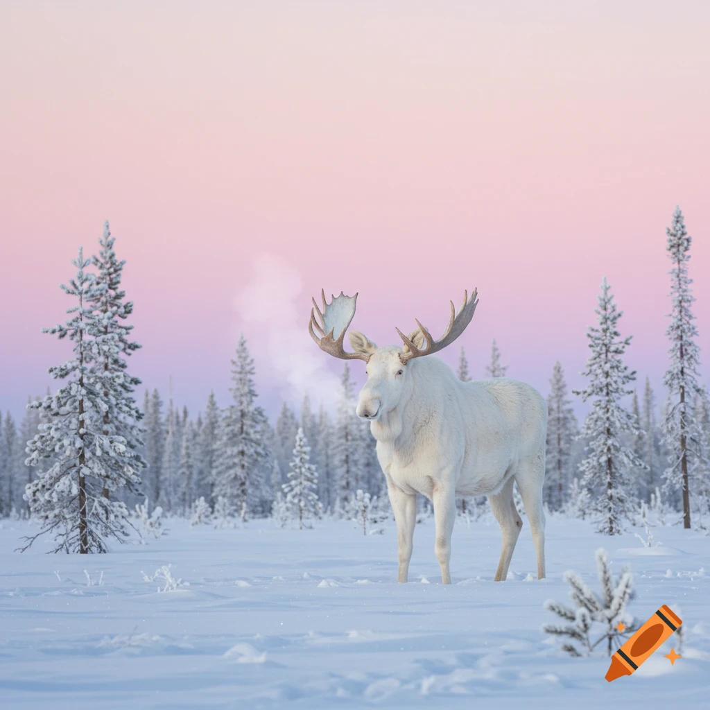 A majestic white moose stands in a snowy winter forest, steam rising from its breath under a pink and purple sky.