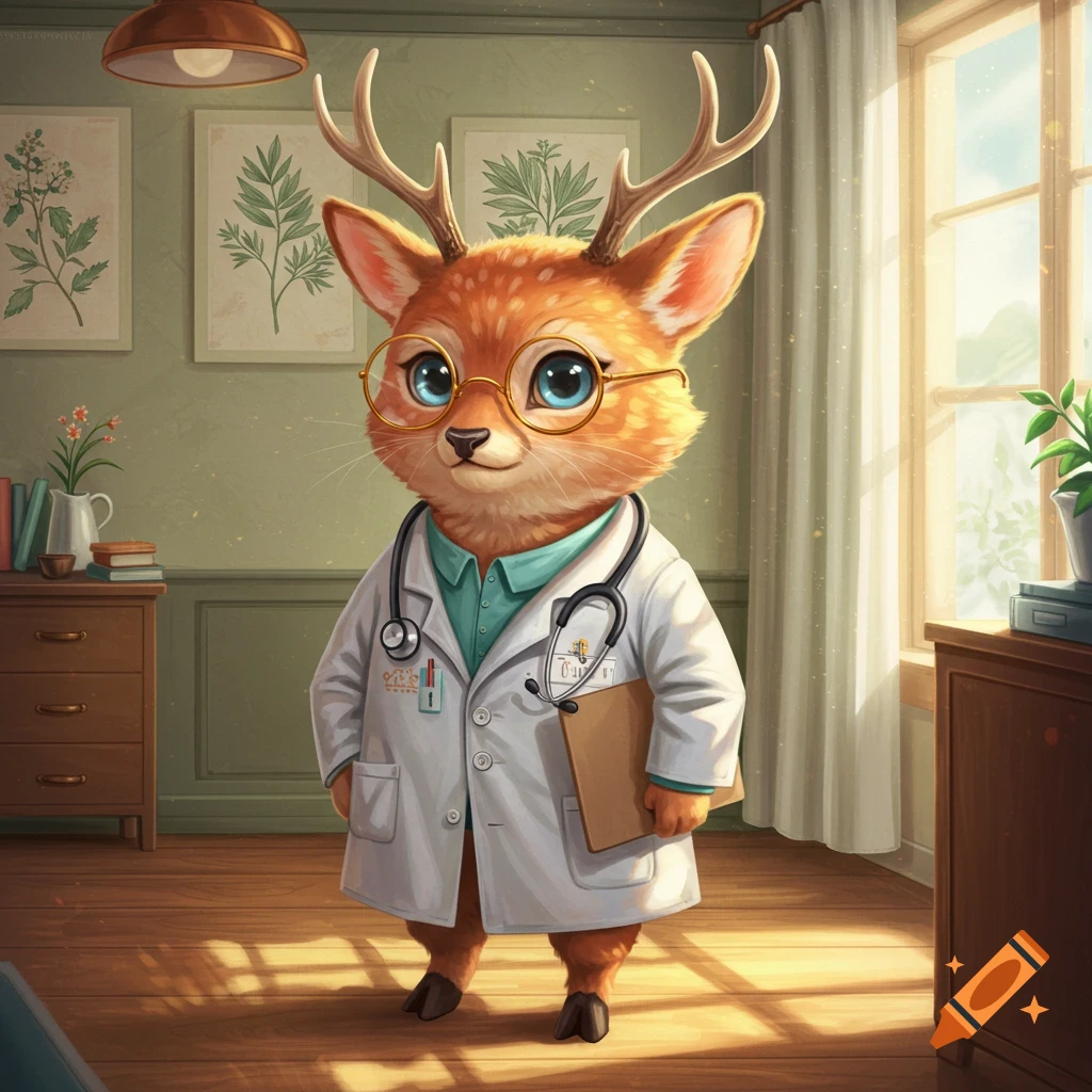 A cute, cartoonish anthropomorphic deer-cat wearing a doctor's coat, round glasses, and stethoscope, holding a clipboard in a cozy office.