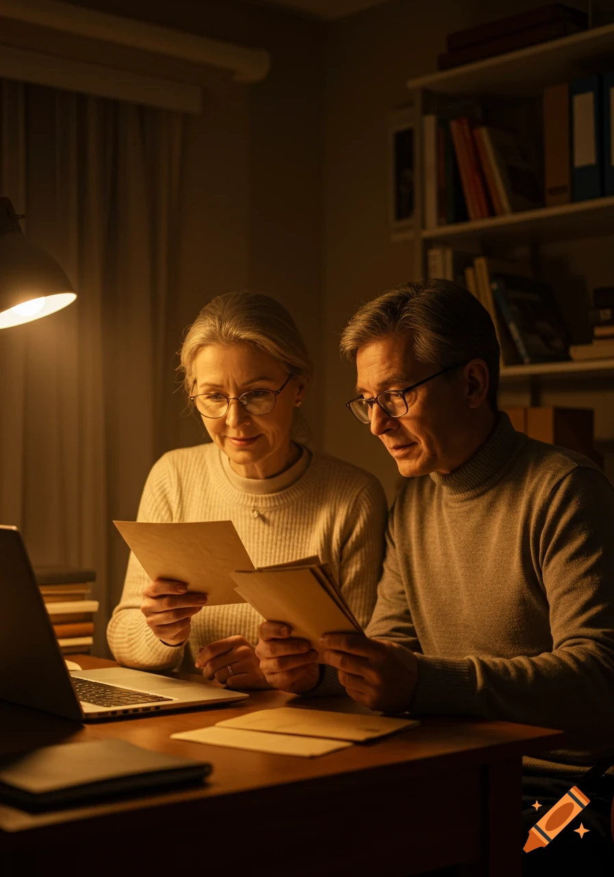 A senior couple sits at a desk under a warm lamp, looking at papers and a laptop.