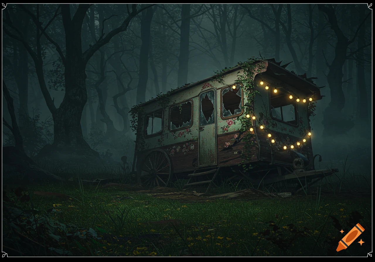 An old, broken-down fantasy caravan covered in vines and string lights, sitting in a dark, misty forest. Photorealistic style.
