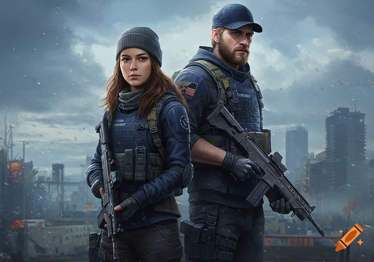 Two armed individuals in tactical gear stand in a ruined city under a cloudy sky, holding rifles.