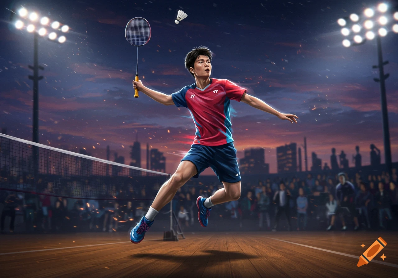 Male badminton player leaps to hit a shuttlecock on a court under stadium lights at sunset, with spectators in the background.