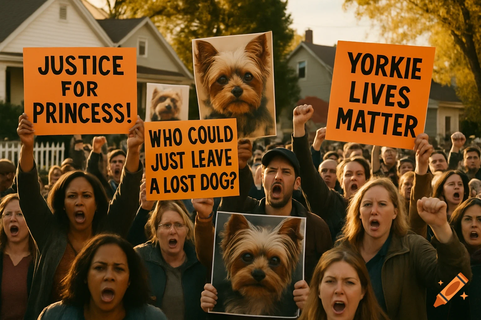 Angry crowd protests for a lost Yorkie dog in a neighborhood, holding signs like "Justice for Princess!" and "Yorkie Lives Matter!"
