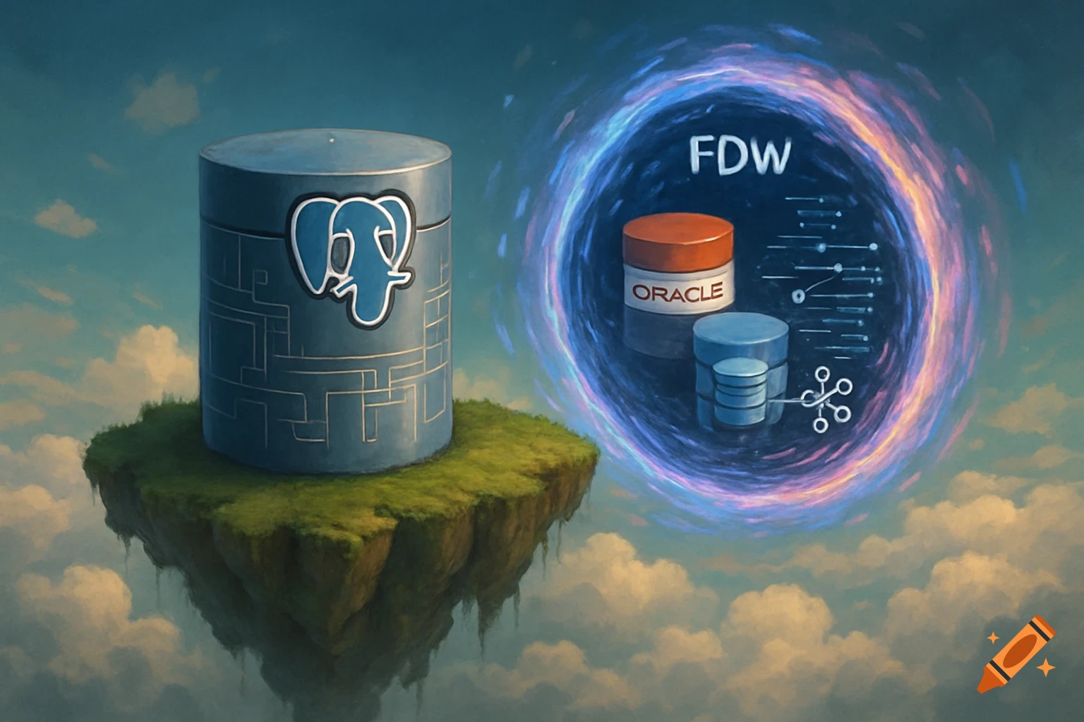 An illustration of a blue PostgreSQL database on a floating island. A glowing FDW portal shows an Oracle database and other data structures.