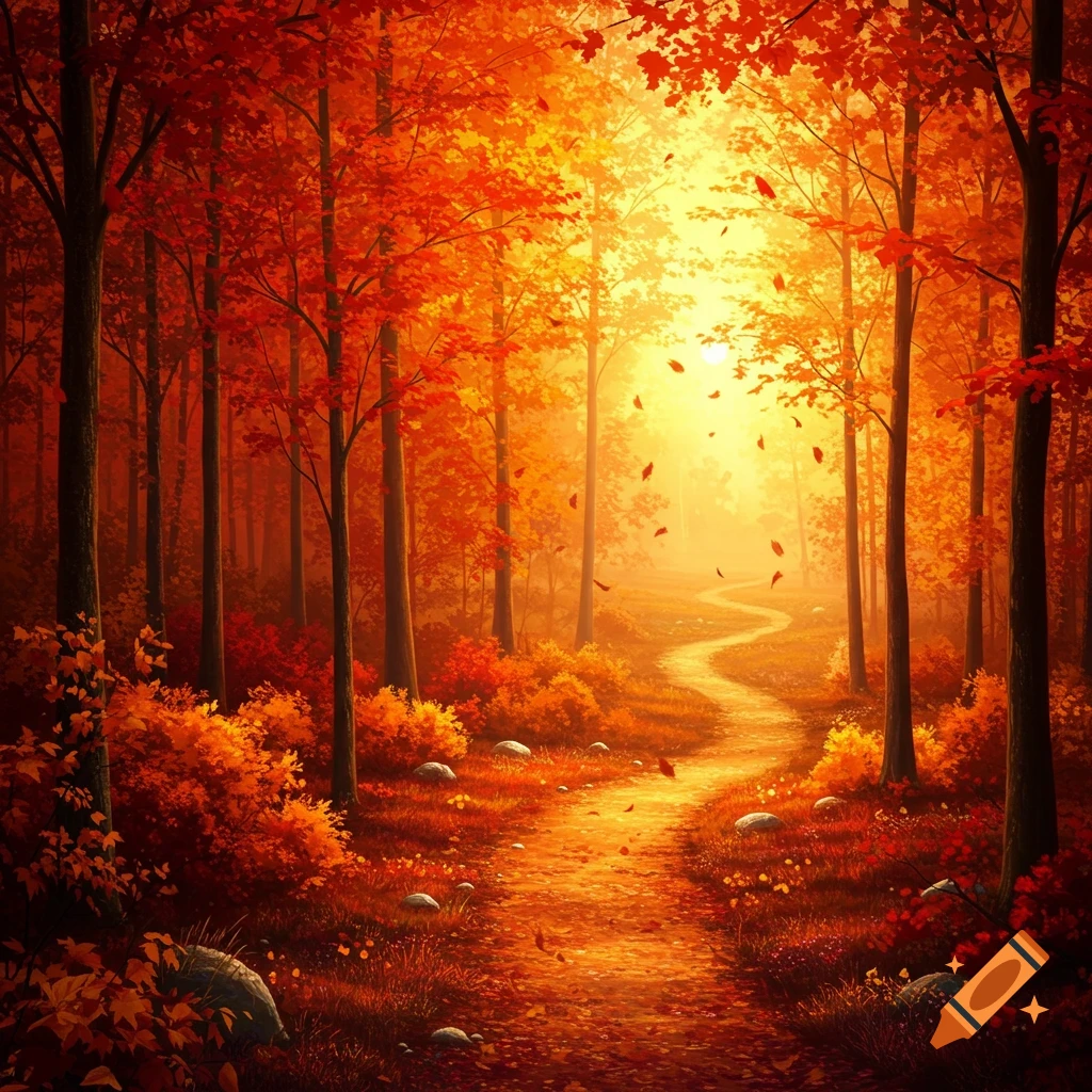 A scenic path winds through a vibrant autumn forest, glowing with red and orange leaves under warm sunlight.