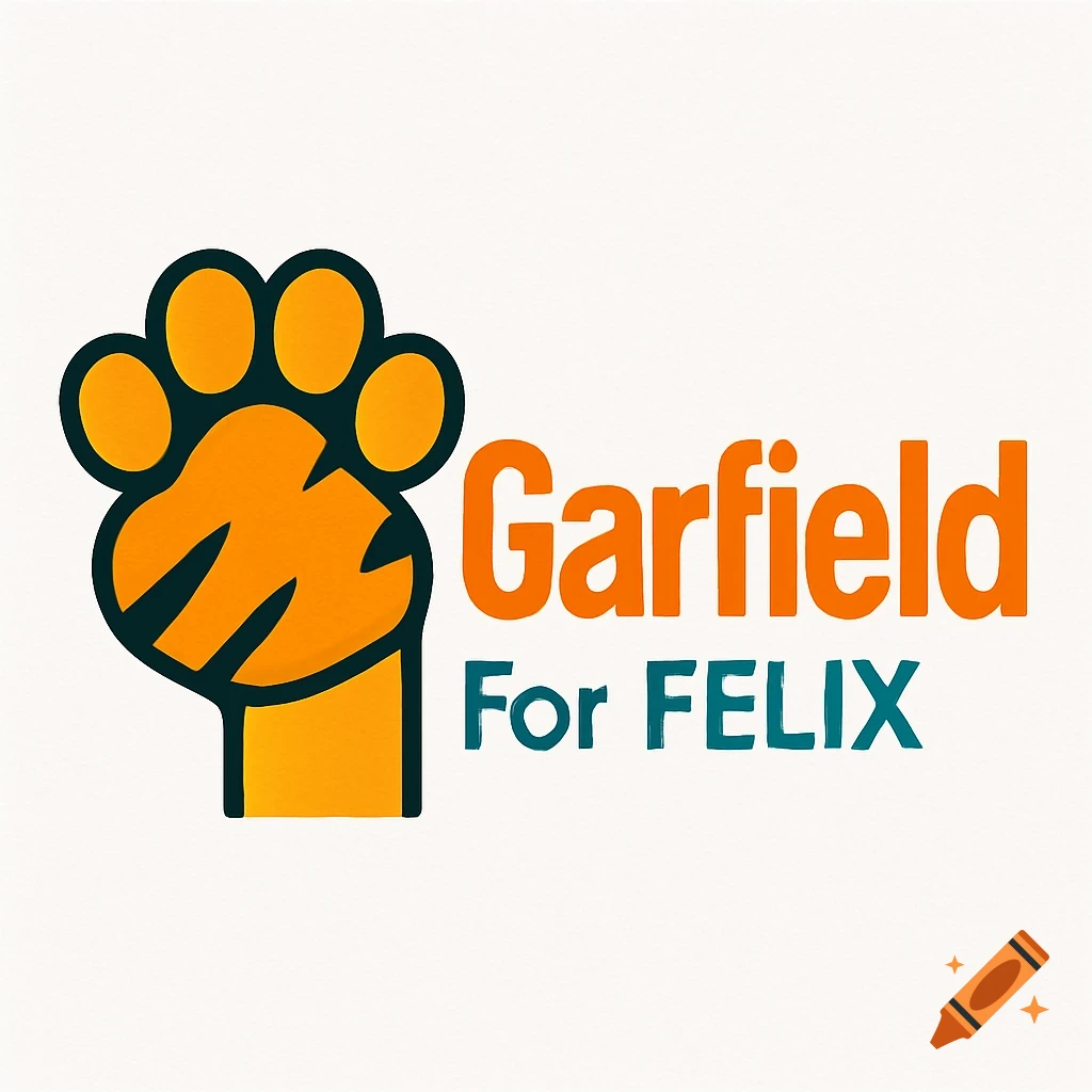 A modern, flat design logo with an orange cat paw on the left and the text 'Garfield For FELIX' on the right.