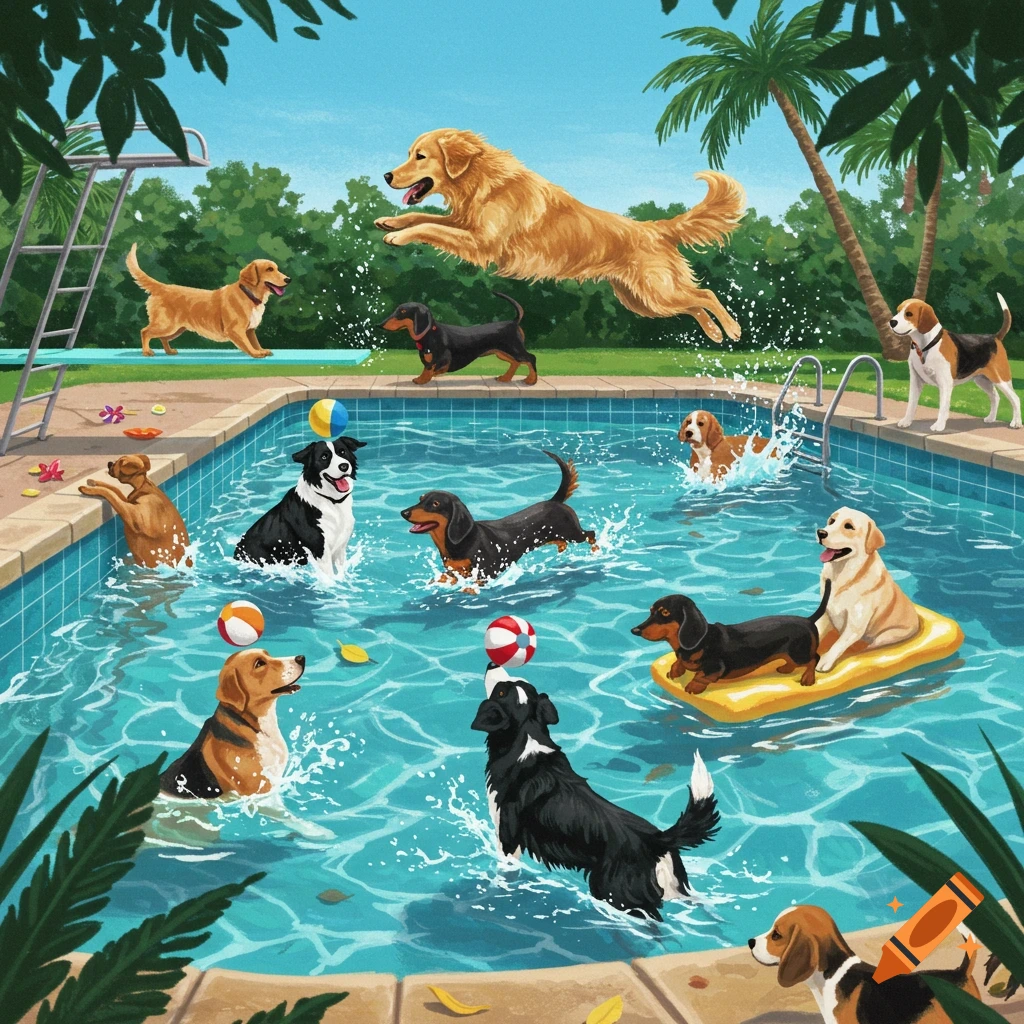 Illustrated dogs of various breeds play and swim in a blue outdoor swimming pool with palm trees.