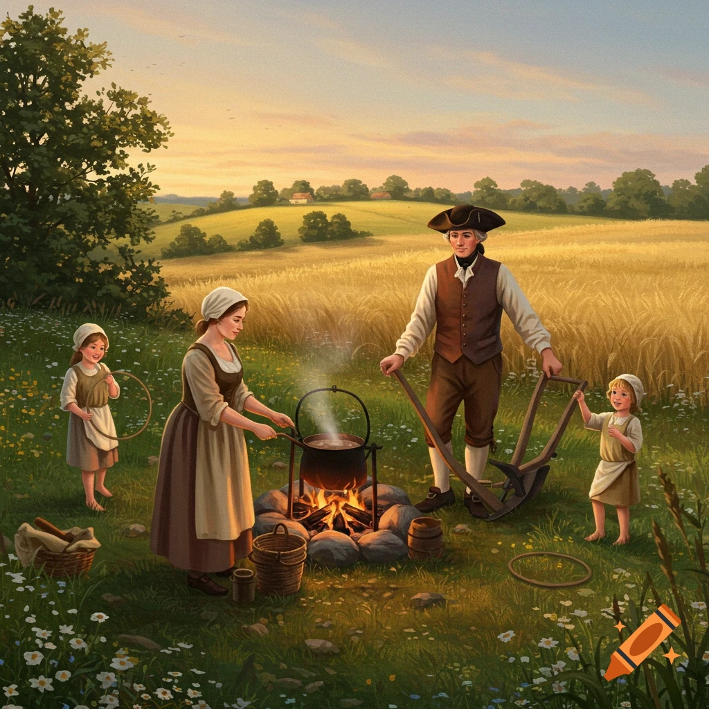 A picturesque painting of an 18th-century rural family in a field, with a woman cooking over a fire, a man with a plow, and two children playing. Sunset light.