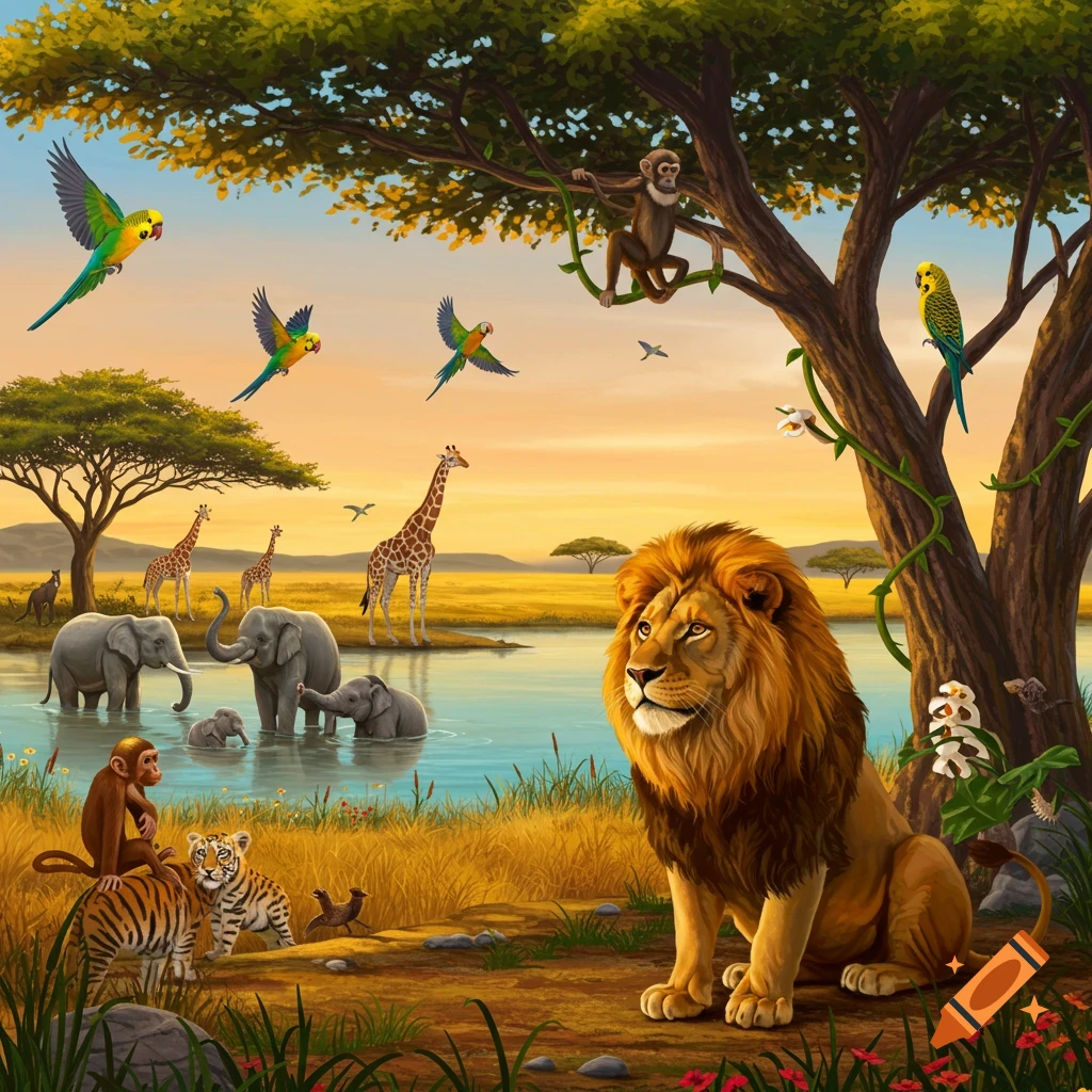 Vibrant illustration of a lion, elephants, giraffes, monkeys, tiger, and parrots gathered around a watering hole at sunset.