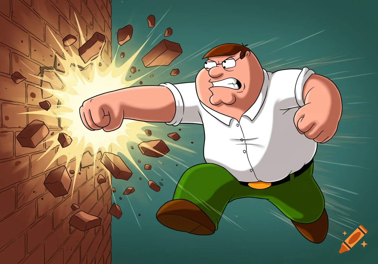 Peter Griffin, a cartoon character, aggressively punches and shatters a brick wall into pieces.