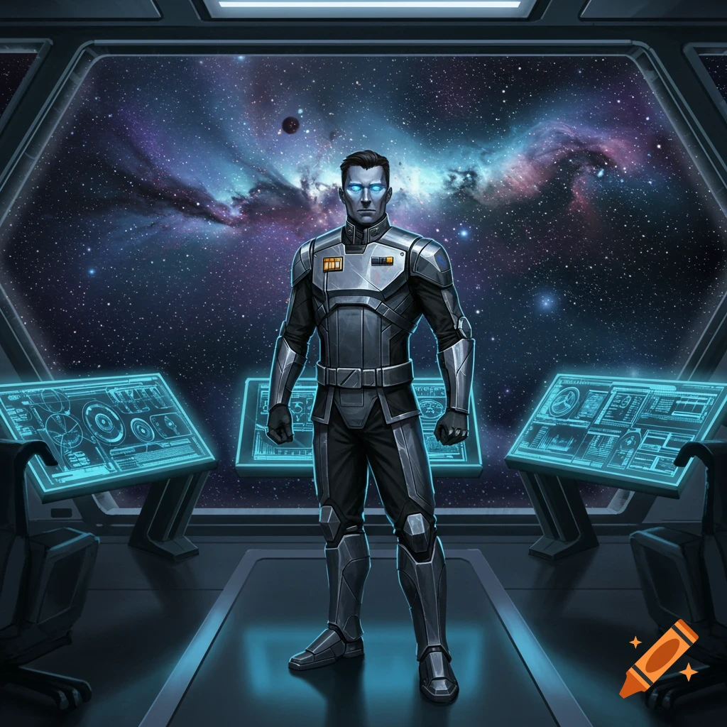 A man in a futuristic grey uniform with glowing blue eyes stands in a spaceship cockpit looking out at a colorful nebula in space.