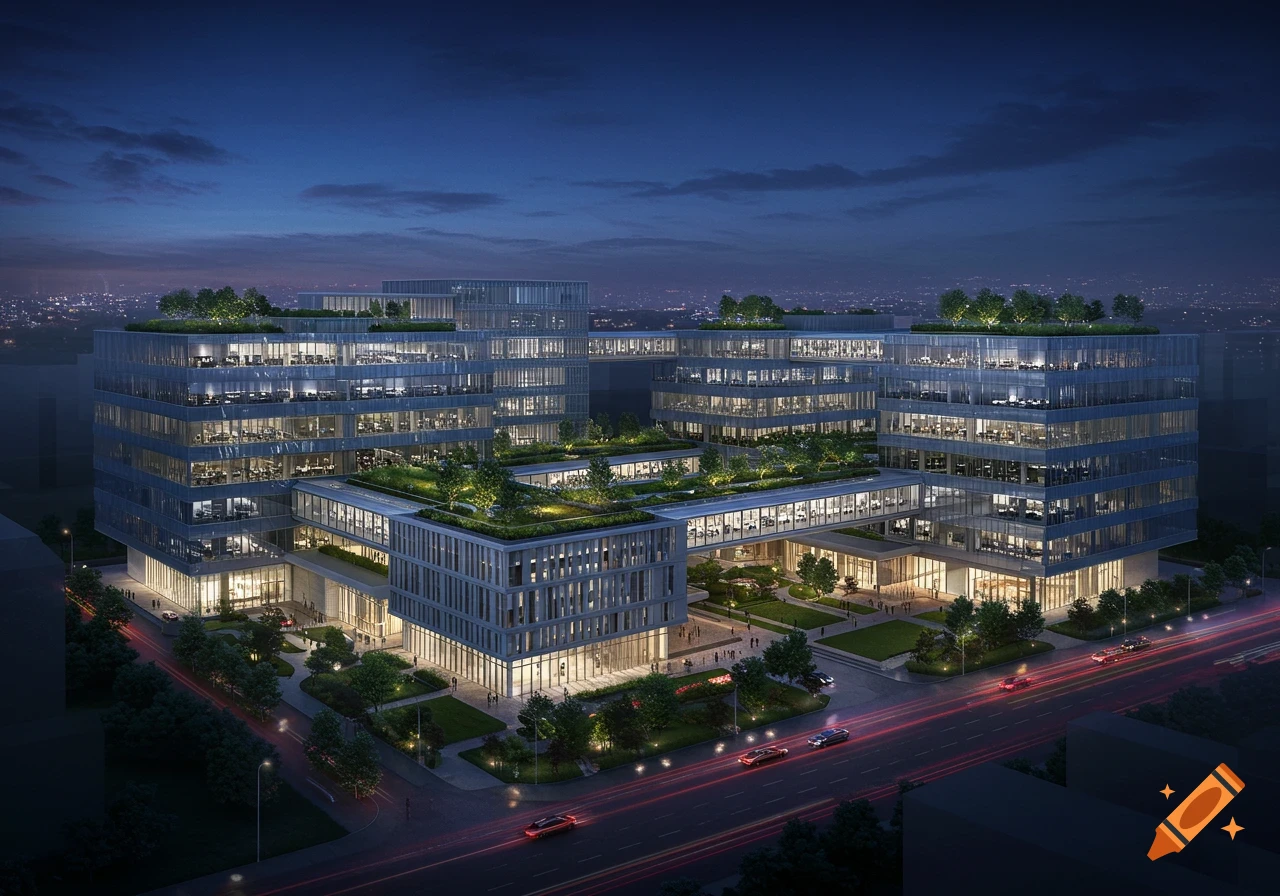 Photorealistic aerial view of a modern glass office building with green roofs at dusk, illuminated windows, and a busy street.