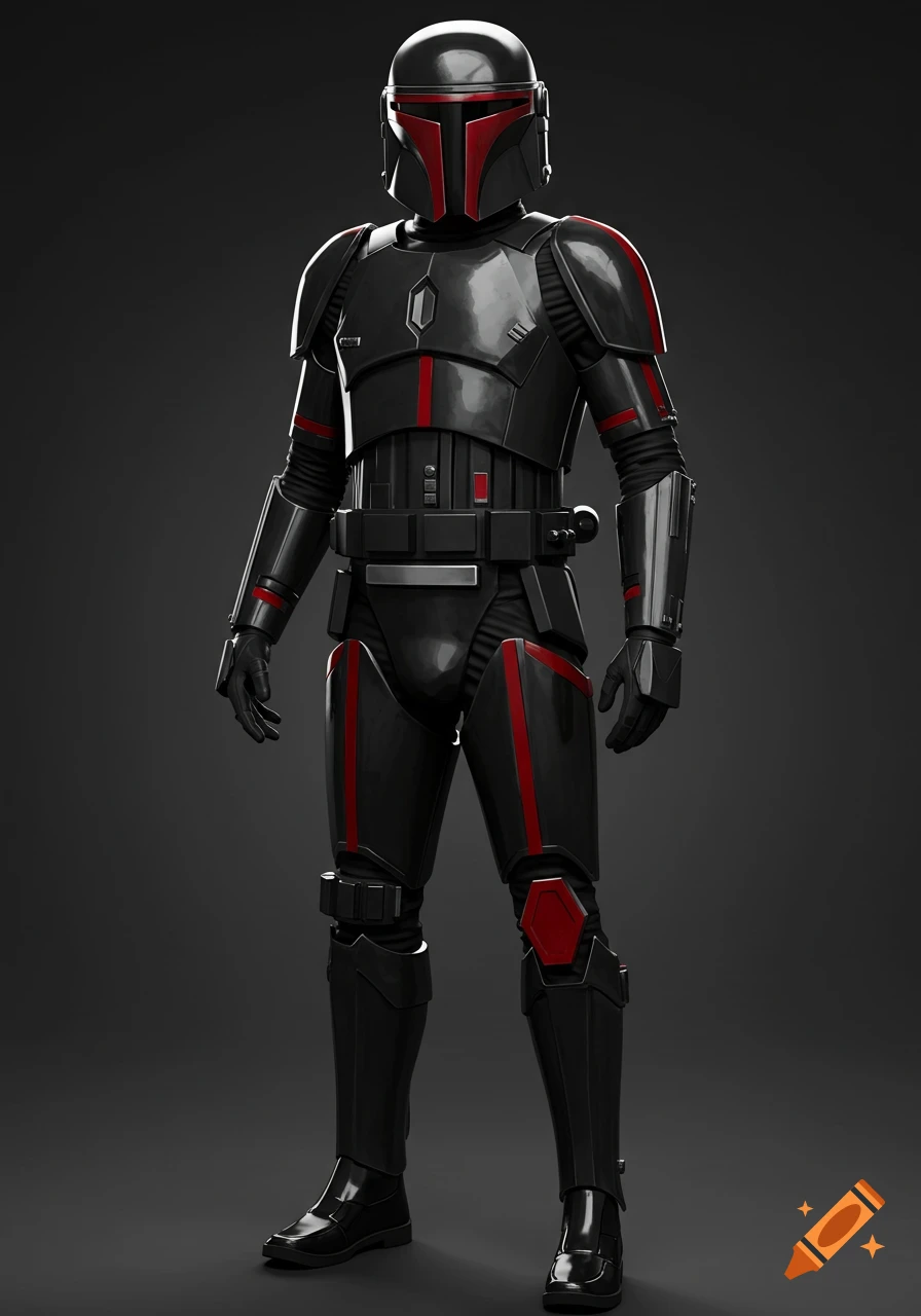 A character in sleek black futuristic armor with crimson accents, resembling a Mandalorian or stormtrooper, stands against a dark background.